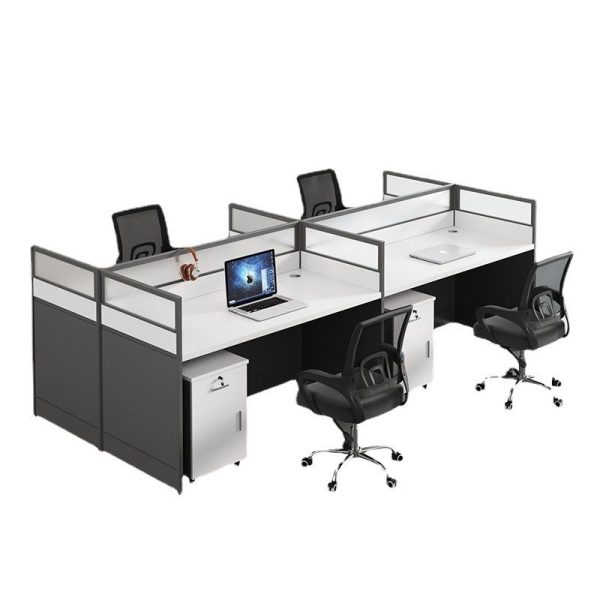 Office Four-Seater Staff Workstation Modern and Functional Design The Office Four-Seater Staff Workstation is designed to create a collaborative and efficient working environment. With its clean lines and contemporary finish, it adds a professional look to any office space. Space-Saving and Practical Layout This workstation comfortably accommodates four employees in a compact footprint. Each seat has a dedicated workspace with enough room for computers, files, and personal items. The design helps maximize office space while keeping desks organized and clutter-free. Durable and Long-Lasting Build Constructed from high-quality engineered wood or laminated surfaces, the workstation ensures durability and strength. Sturdy frames and solid partitions provide stability and privacy for daily office use. The scratch-resistant finish keeps the workstation looking new even in busy environments. Privacy with Shared Collaboration The workstation comes with partition panels that separate each desk. These panels give employees privacy for focused tasks while still allowing easy communication and teamwork. This balance of collaboration and independence improves productivity across the office. Cable Management Features Built-in cable ports and channels help manage wires neatly. This feature keeps desks free from tangled cords and supports a clean, professional appearance. It also allows employees to connect laptops, monitors, and other devices with ease. Versatile for Any Workplace The Office Four-Seater Staff Workstation is ideal for startups, call centers, and corporate offices. Its neutral finish matches various office themes, whether modern or traditional. The layout can also be adjusted to fit open-plan or segmented office designs. Invest in Efficiency and Style This workstation is more than just office furniture. It is a smart solution that promotes productivity, teamwork, and comfort. With its durable build and modern design, the Office Four-Seater Staff Workstation is a valuable addition to any workplace.
