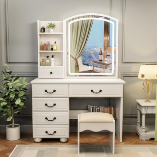 Modern Makeup Vanity with Mirror and Light Elegant and Functional Beauty Station The Modern Makeup Vanity with Mirror and Light is a stunning blend of sophistication, functionality, and modern design. Whether used in a bedroom, dressing area, or salon, this vanity table adds a luxurious touch to your space while keeping your cosmetics neatly organized and easily accessible. Bright Mirror with Built-In LED Lighting At the heart of this vanity is its illuminated mirror, designed with soft, adjustable LED lights that provide perfect lighting conditions for makeup application or skincare routines. The even lighting eliminates shadows, helping you achieve a flawless look every time. Additionally, the LED system is energy-efficient and long-lasting, ensuring consistent brightness day after day. Spacious and Organized Design With multiple drawers and storage compartments, the vanity offers ample room for storing beauty essentials, perfumes, brushes, and accessories. The wide tabletop gives you plenty of space to arrange your daily essentials, while still maintaining a clean, modern appearance. Therefore, it’s perfect for anyone who values both aesthetics and practicality. Premium Craftsmanship and Materials Constructed from high-quality engineered wood with a smooth finish, this vanity ensures durability and elegance in equal measure. The sleek white or neutral-toned finish complements any interior style—whether modern, minimalist, or contemporary. Furthermore, its sturdy frame provides stability for everyday use, ensuring that your setup remains elegant and reliable for years. Comfortable and Stylish Setup The Modern Makeup Vanity with Mirror and Light is designed for both comfort and beauty. You can easily pair it with a matching stool or chair, creating a cozy and inspiring corner for your beauty routine. The ergonomic height ensures comfort during extended grooming sessions, while the mirror’s clear reflection adds professional precision. Key Features LED lighted mirror with adjustable brightness Multiple drawers for organized storage Smooth, durable tabletop finish Elegant, modern design suitable for all interiors Easy to assemble and maintain Transform Your Daily Routine With the Modern Makeup Vanity with Mirror and Light, your beauty routine becomes an experience of luxury and confidence. It’s not just a vanity—it’s a statement piece that combines practicality, elegance, and modern charm to enhance your everyday life.